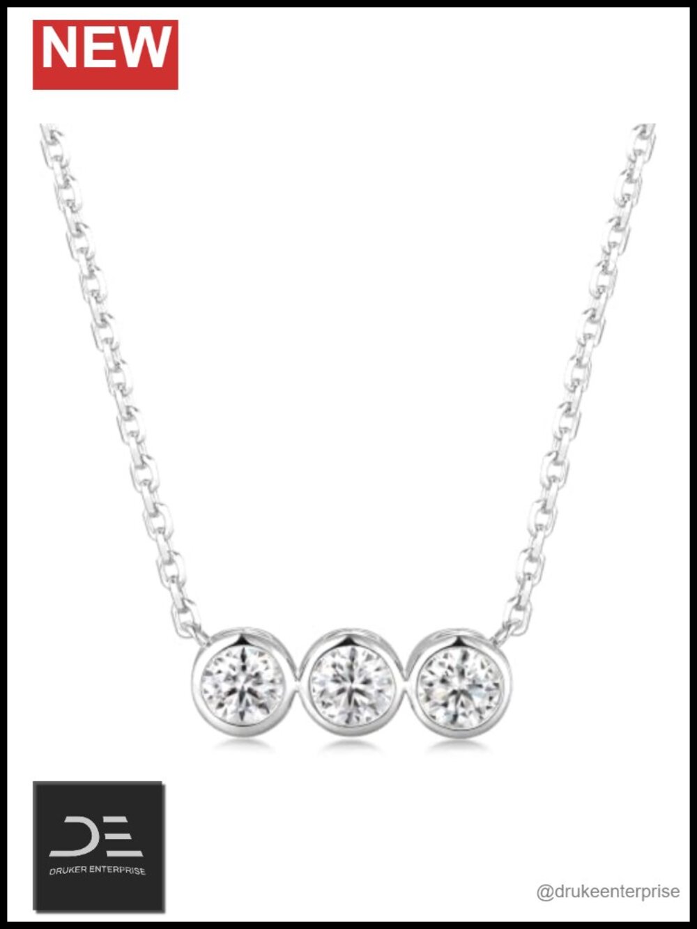 Moissanite Bezel Pendant Necklace 925 Sterling Silver 18" Adjustable Chain